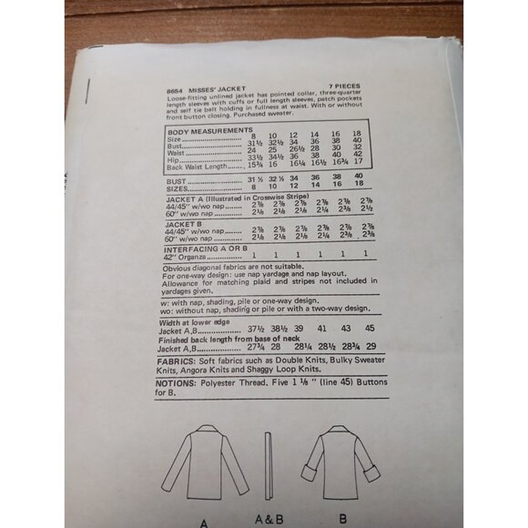 Vintage Vogue 8654 Pattern Misses Loose Fitting Wrap Jacket Uncut - Picture 3 of 6